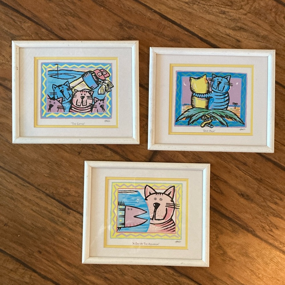 HUESSO cat art x3 Date Palm, The Catties, a day at the Aquarium framed - Picture 3 of 13